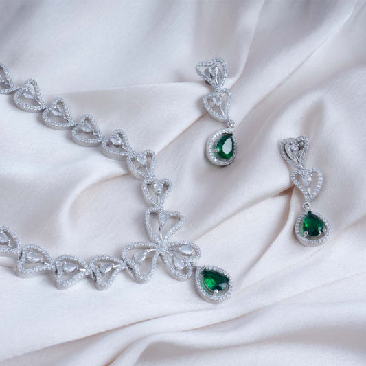 Enchanted Clover Green American Diamond Necklace Set | Premium Indian Jewellery | Saajo