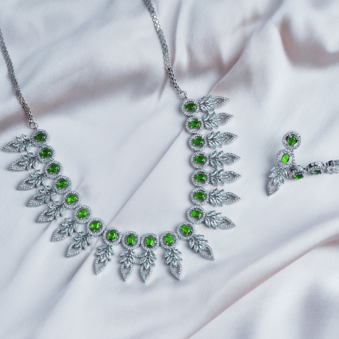 Green CZ necklace set styled look — Indian wedding jewelry