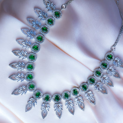 Green CZ necklace set close up — handcrafted Indian jewelry