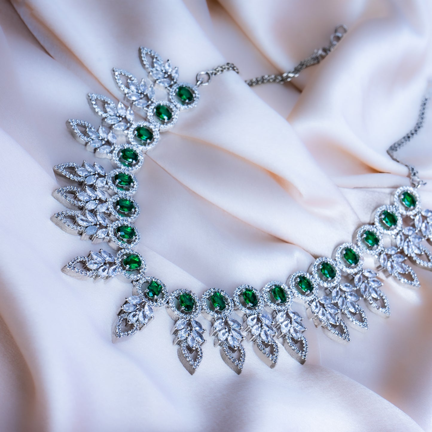Emerald green American Diamond necklace set detail — Indian ethnic jewelry