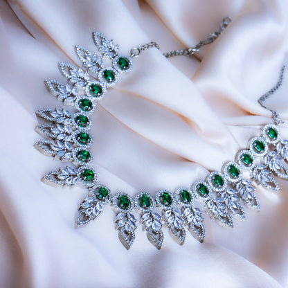 Emerald green American Diamond necklace set detail — Indian ethnic jewelry