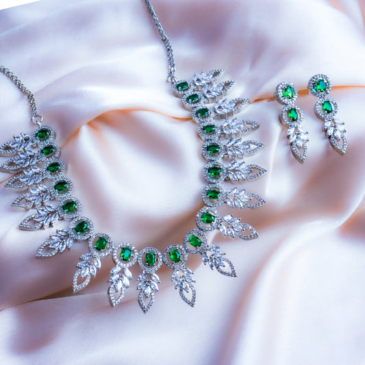 Emerald green CZ American Diamond necklace set with earrings