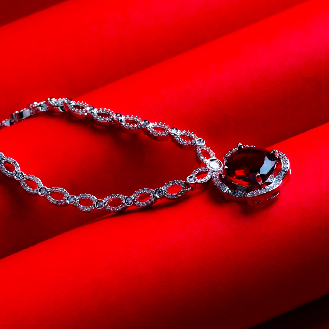 Serene Secrets Red American Diamond Necklace Set Detail Shot | Traditional Jewellery | Saajo