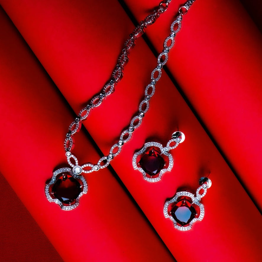 Serene Secrets Red American Diamond Necklace Set | Premium Indian Jewellery | Saajo