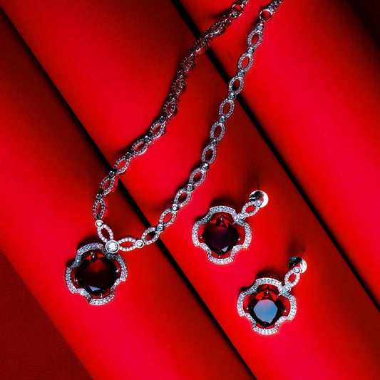 Serene Secrets Red American Diamond Necklace Set | Premium Indian Jewellery | Saajo
