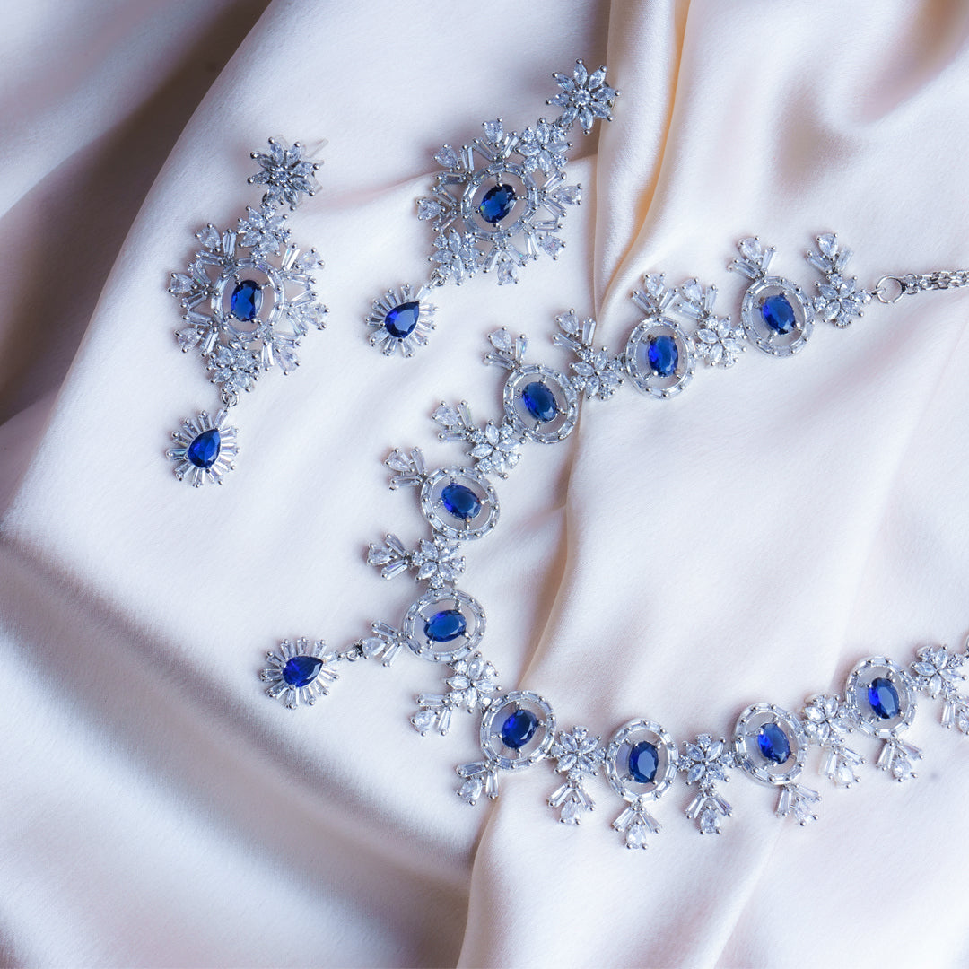 Endless Sea of Indigo Blue American Diamond Necklace Set Close Up | Indian Jewellery | Saajo