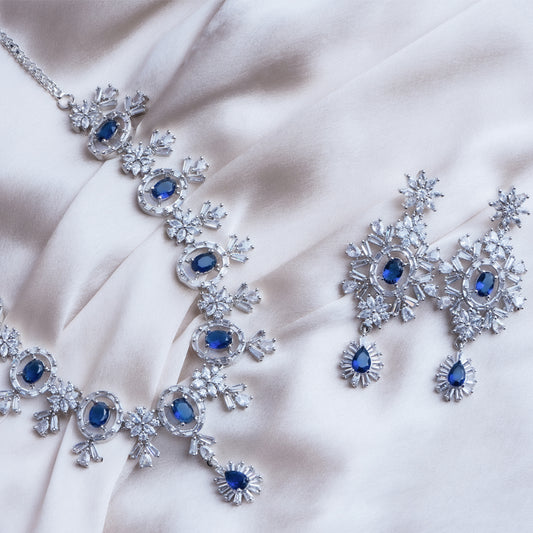 Endless Sea of Indigo Blue American Diamond Necklace Set | Premium Indian Jewellery | Saajo
