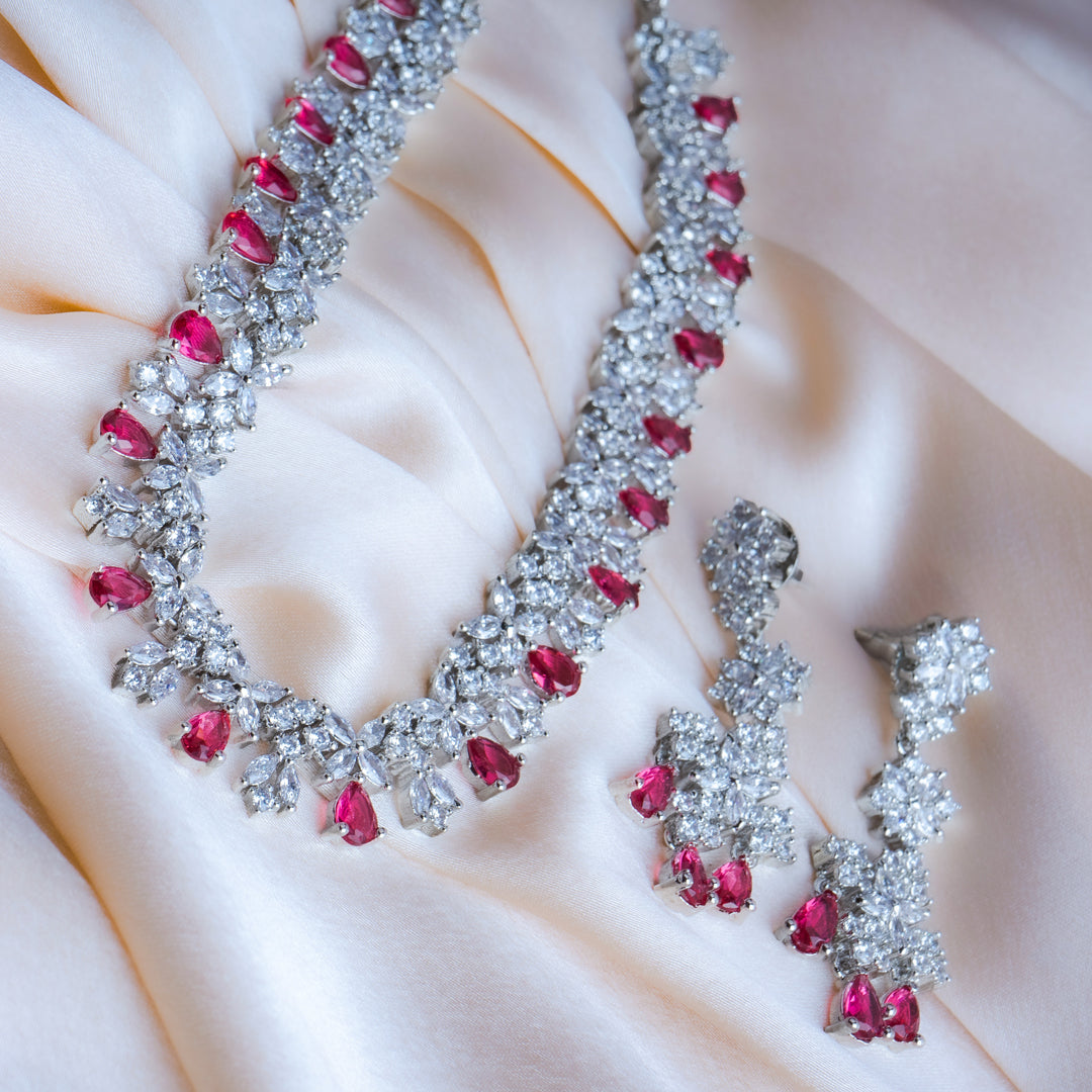 Radiant Reverie Maroon American Diamond Necklace Set Close Up | Indian Jewellery | Saajo