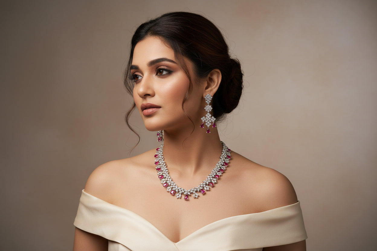 Radiant Reverie Maroon American Diamond Necklace Set Styled Look | Indian Jewellery | Saajo