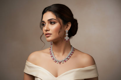 Radiant Reverie Maroon American Diamond Necklace Set Styled Look | Indian Jewellery | Saajo