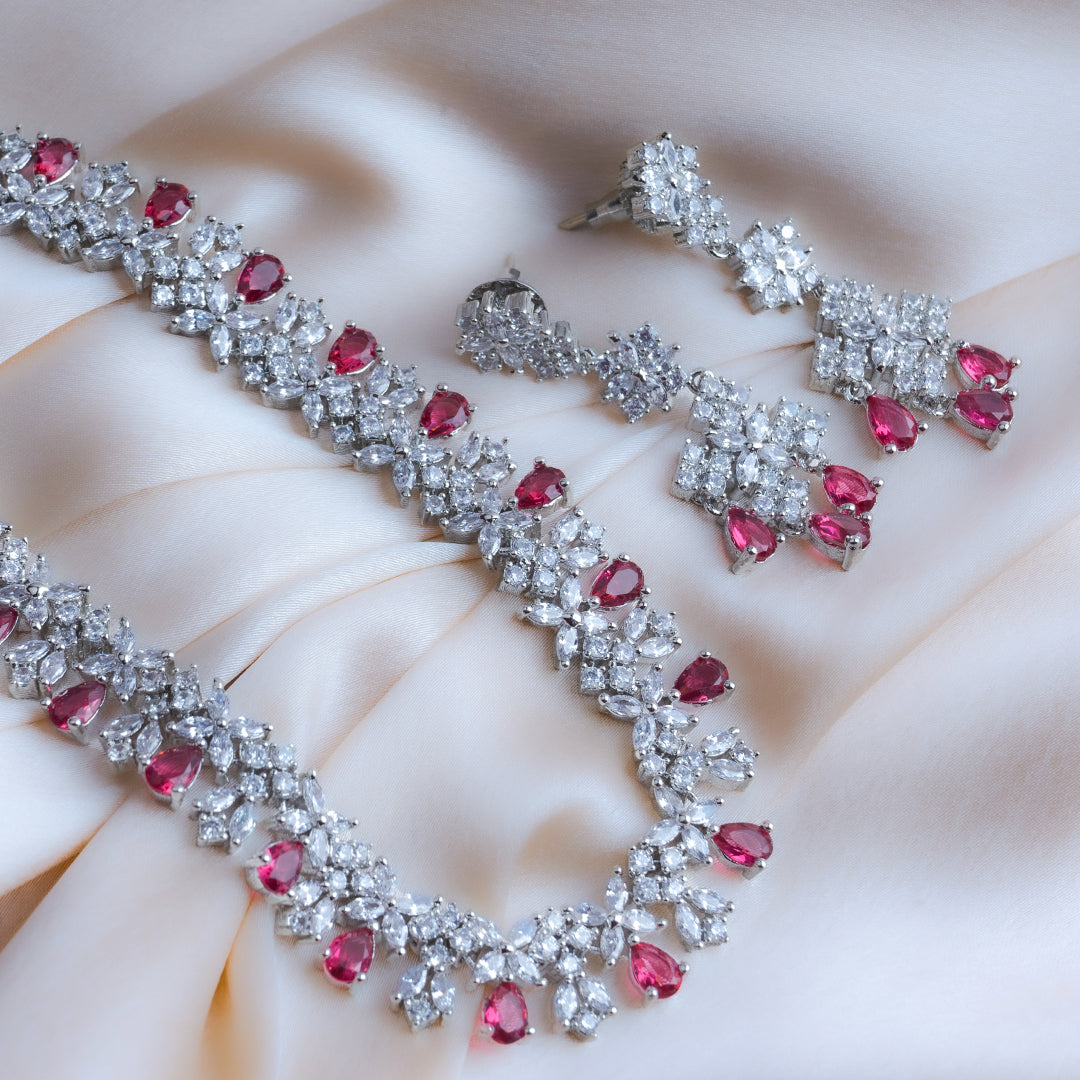 Radiant Reverie Maroon American Diamond Necklace Set Detail Shot | Traditional Jewellery | Saajo