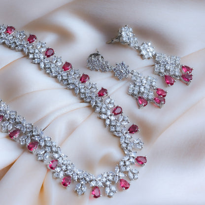 Radiant Reverie Maroon American Diamond Necklace Set Detail Shot | Traditional Jewellery | Saajo