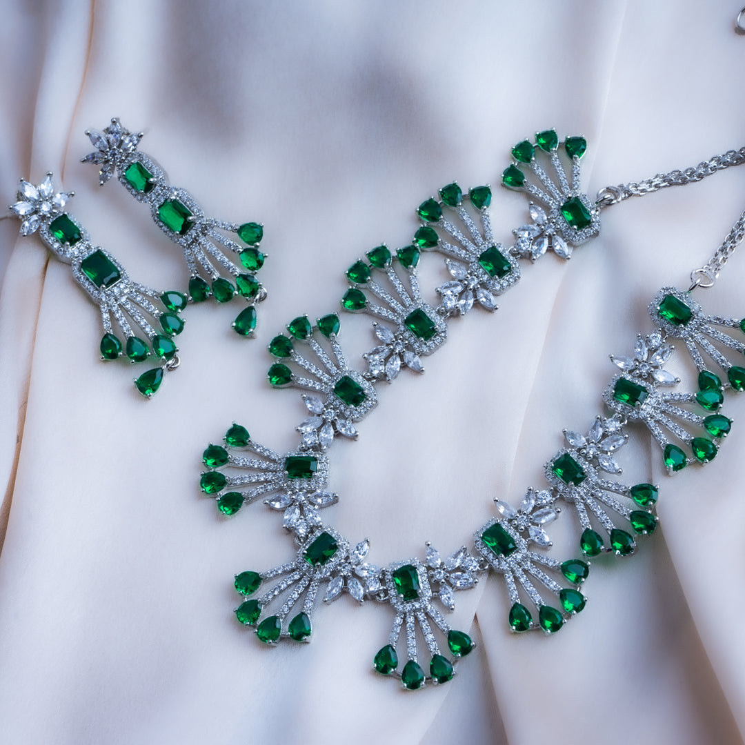 Radiant Fern Green American Diamond Necklace Set | Premium Indian Jewellery | Saajo