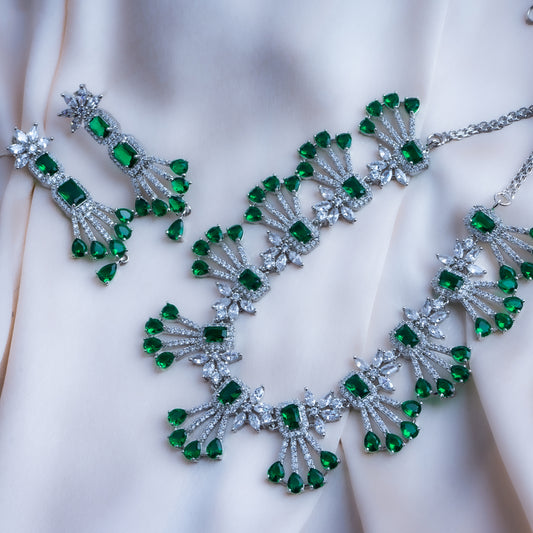 Radiant Fern Green American Diamond Necklace Set | Premium Indian Jewellery | Saajo