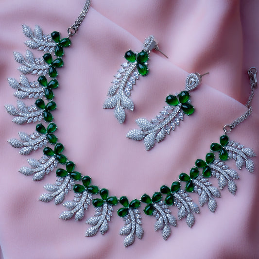 Enamoured Ivy Green American Diamond Necklace Set | Premium Indian Jewellery | Saajo