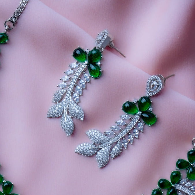 Enamoured Ivy Green American Diamond Necklace Set Close Up | Indian Jewellery | Saajo