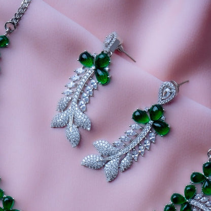 Enamoured Ivy Green American Diamond Necklace Set Close Up | Indian Jewellery | Saajo