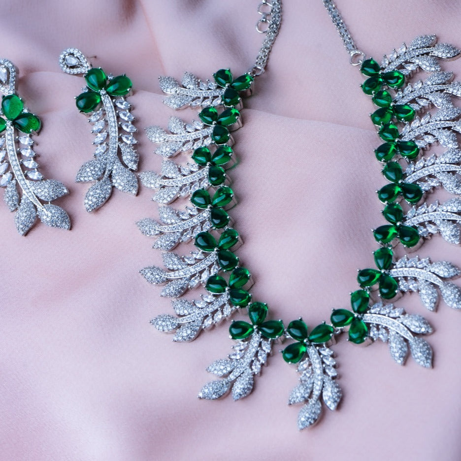Enamoured Ivy Green American Diamond Necklace Set Detail Shot | Traditional Jewellery | Saajo