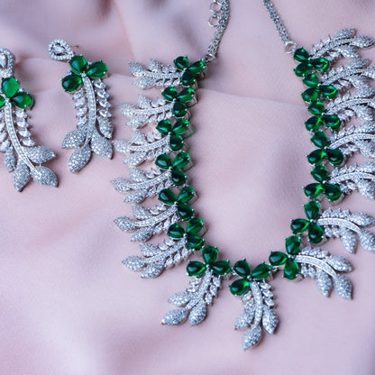 Enamoured Ivy Green American Diamond Necklace Set Detail Shot | Traditional Jewellery | Saajo