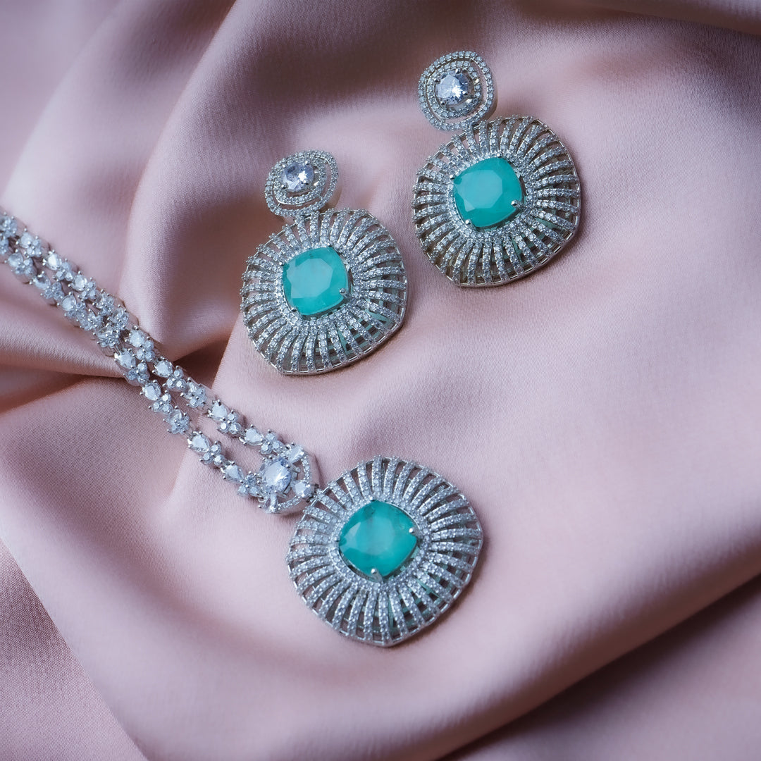 Captivating Cosmos Turqoise Blue American Diamond Necklace Set Detail Shot | Traditional Jewellery | Saajo