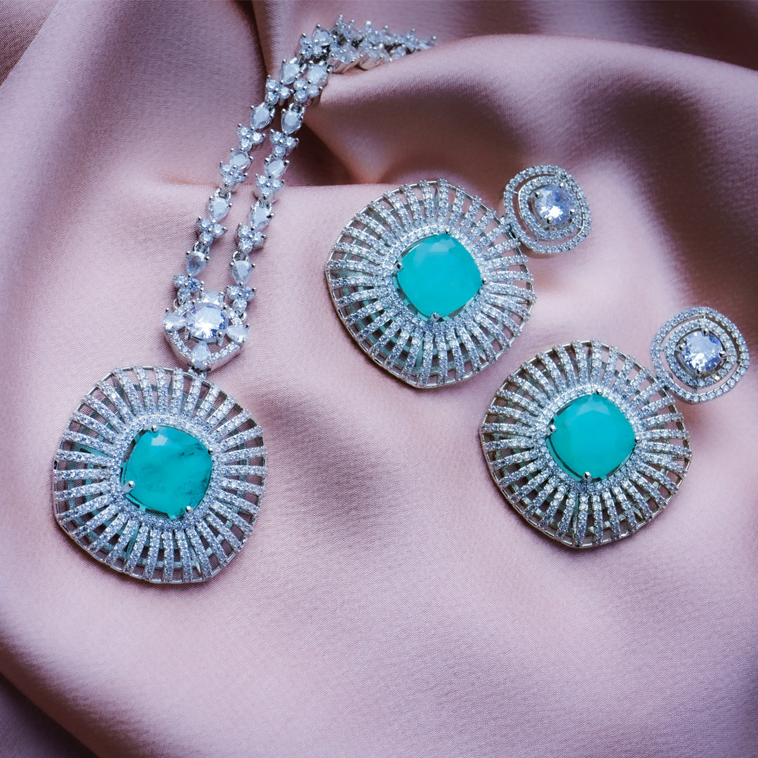 Captivating Cosmos Turqoise Blue American Diamond Necklace Set Styled Look | Indian Jewellery | Saajo