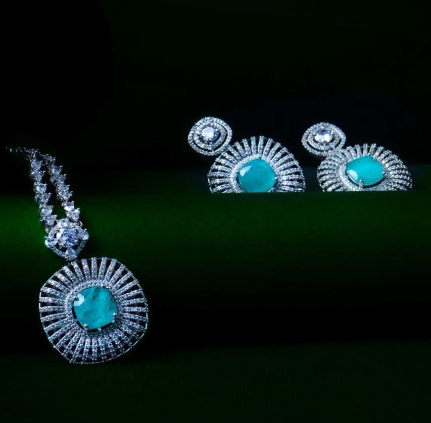Captivating Cosmos Turqoise Blue American Diamond Necklace Set Close Up | Indian Jewellery | Saajo