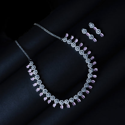 Serene Soiree Pink American Diamond Necklace Set | Premium Indian Jewellery | Saajo