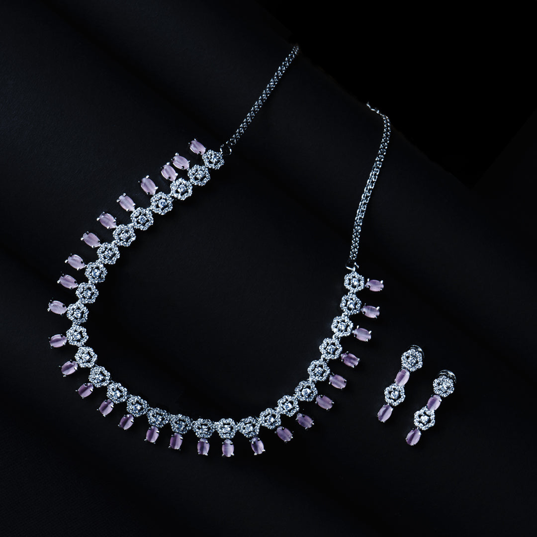 Serene Soiree Pink American Diamond Necklace Set Detail Shot | Traditional Jewellery | Saajo