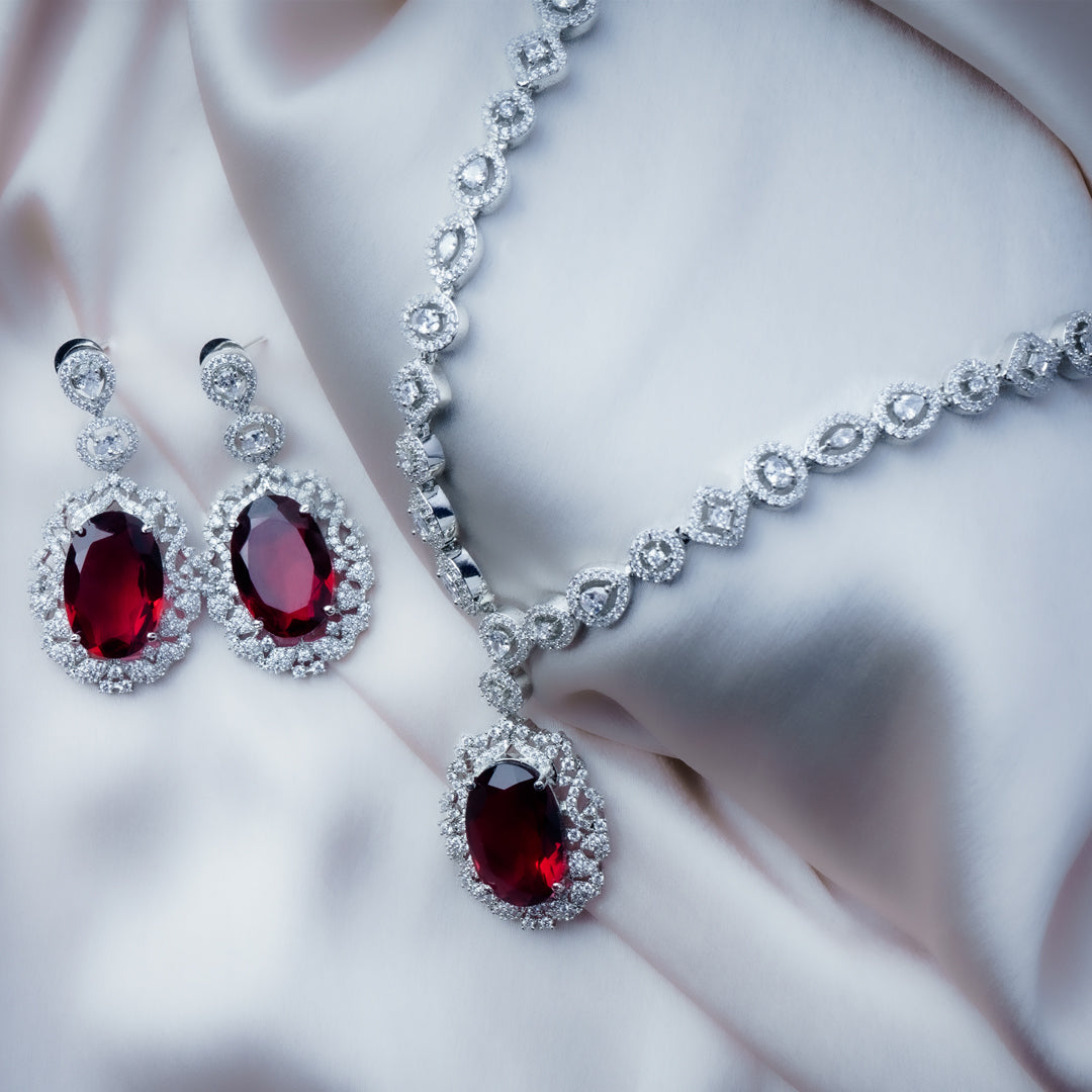 Everlasting Charm Blood Red American Diamond Necklace Set Styled Look | Indian Jewellery | Saajo