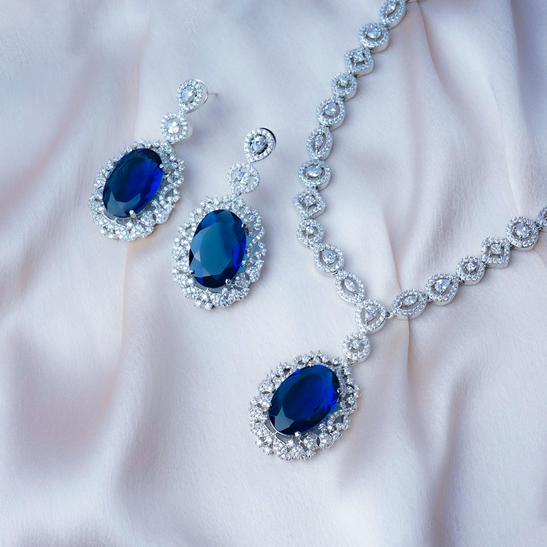 Everlasting Charm Blue American Diamond Necklace Set Detail Shot | Traditional Jewellery | Saajo
