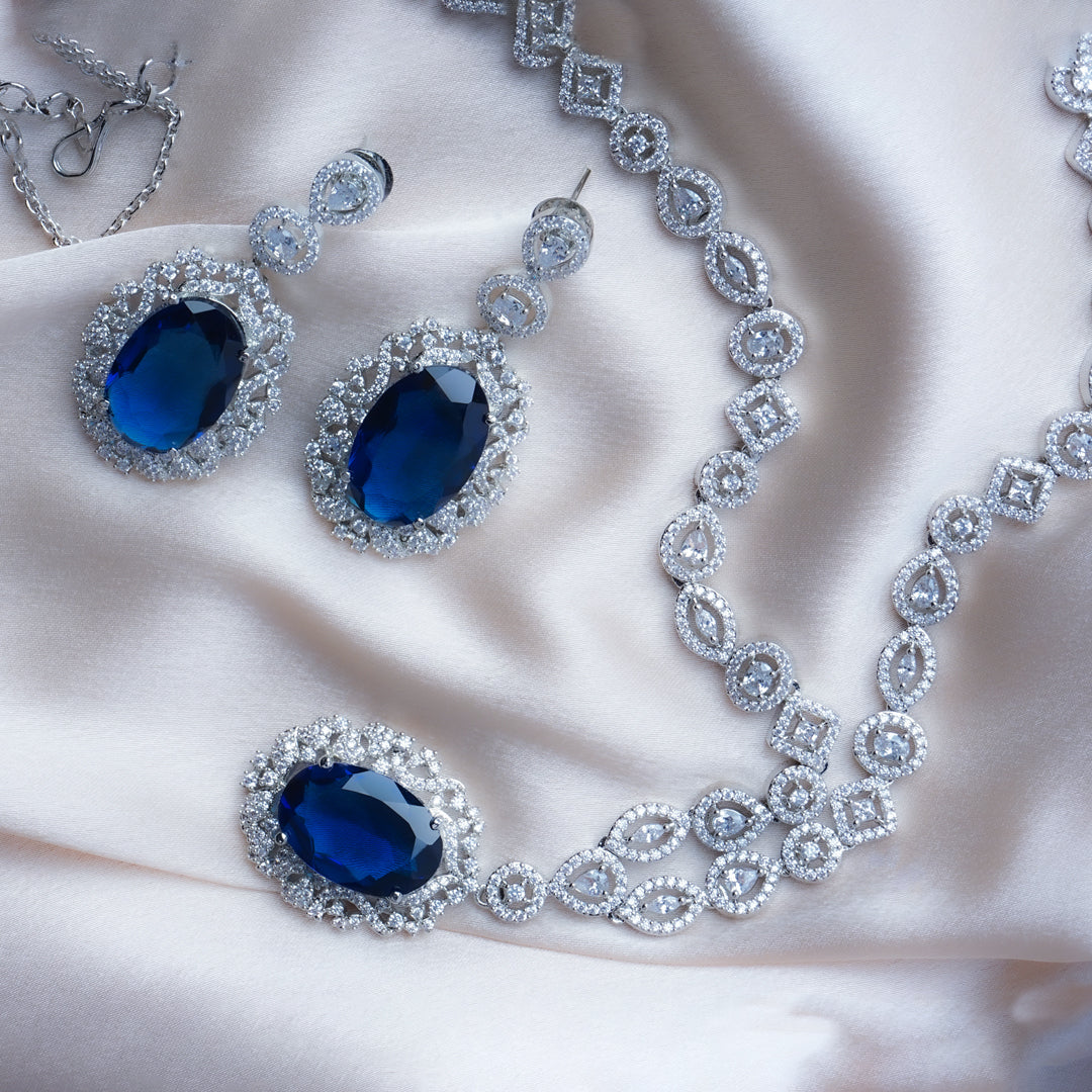 Everlasting Charm Blue American Diamond Necklace Set Styled Look | Indian Jewellery | Saajo