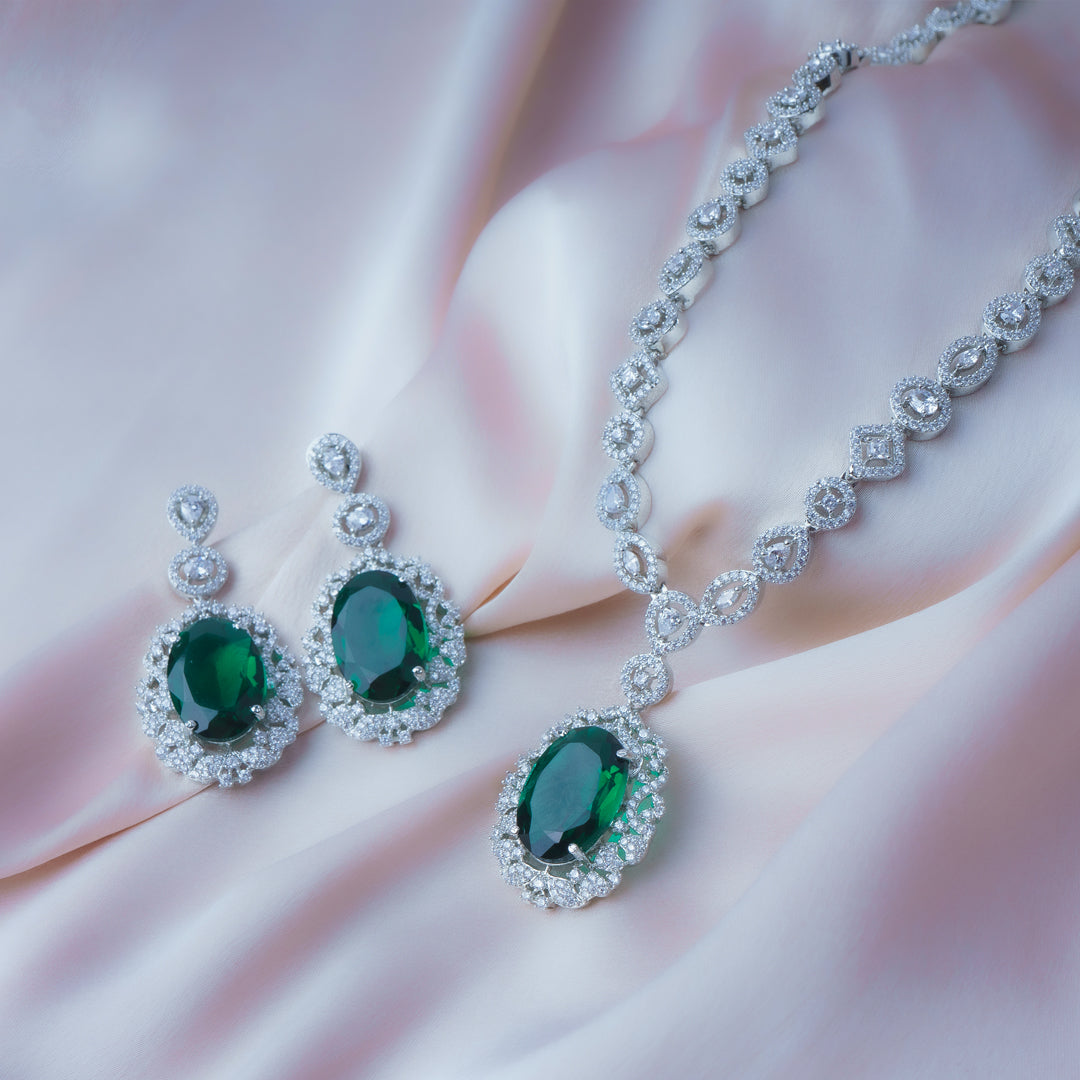 Everlasting Charm Green American Diamond Necklace Set | Premium Indian Jewellery | Saajo