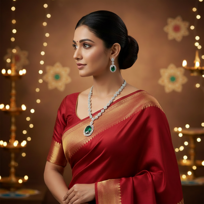 Everlasting Charm Green American Diamond Necklace Set Close Up | Indian Jewellery | Saajo