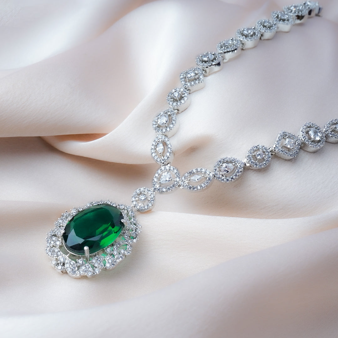 Everlasting Charm Green American Diamond Necklace Set Detail Shot | Traditional Jewellery | Saajo