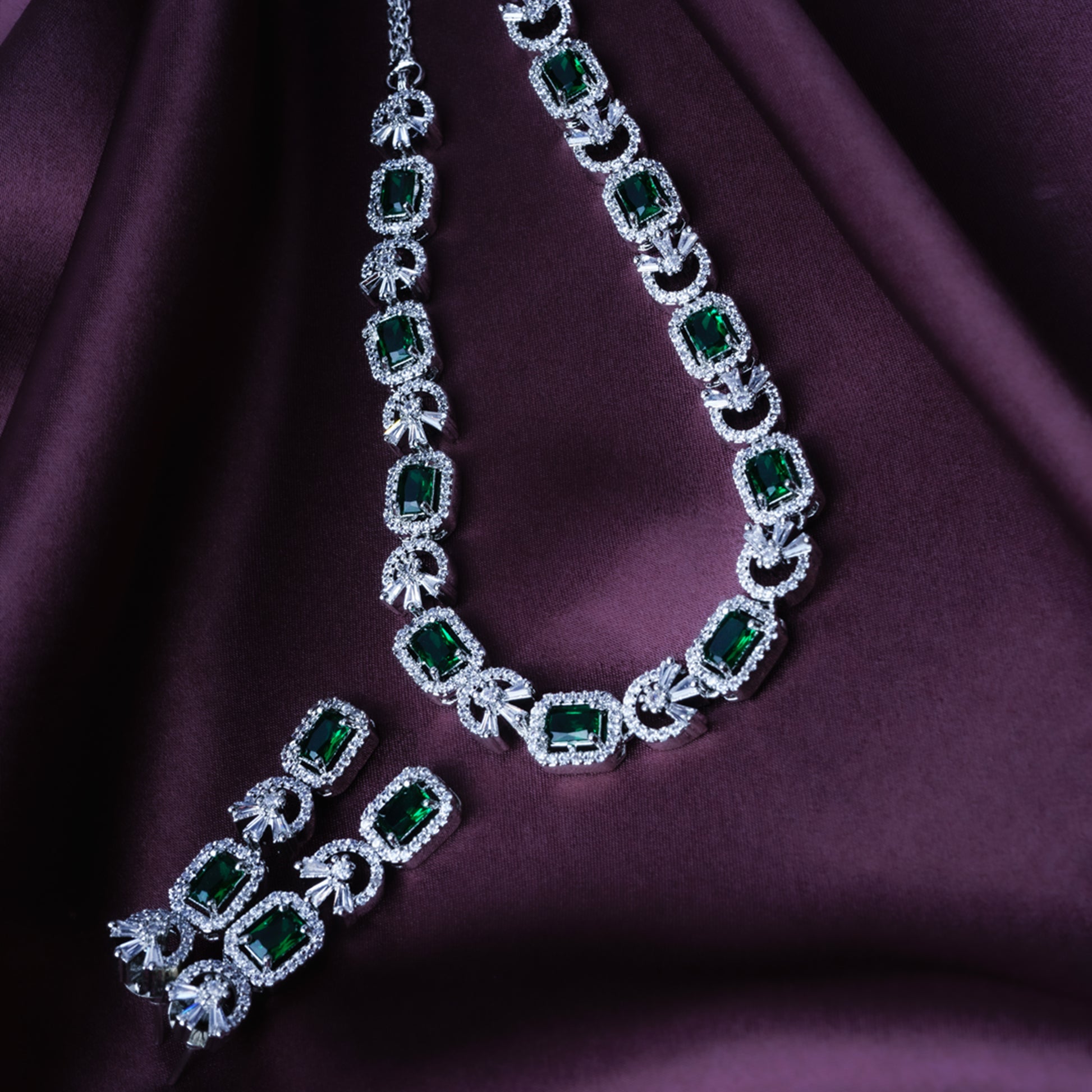 Multicolor green American Diamond necklace set detail — Indian ethnic jewelry