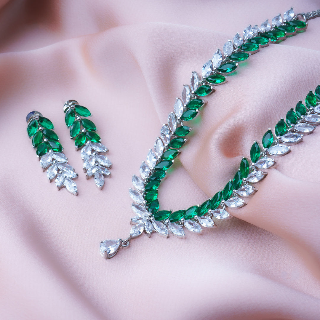 Enchanted Elixir Green American Diamond Necklace Set Close Up | Indian Jewellery | Saajo