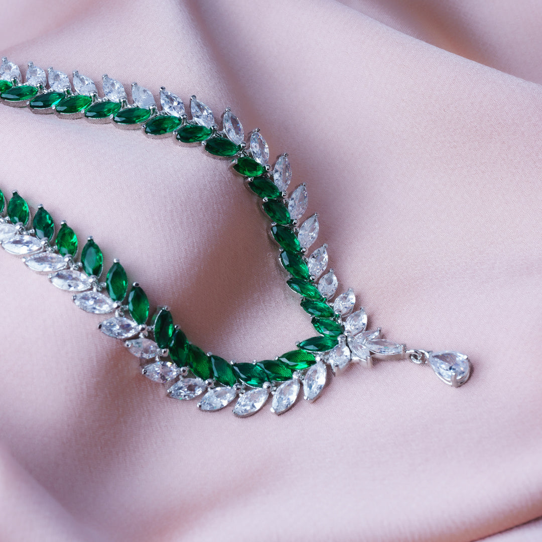 Enchanted Elixir Green American Diamond Necklace Set Detail Shot | Traditional Jewellery | Saajo