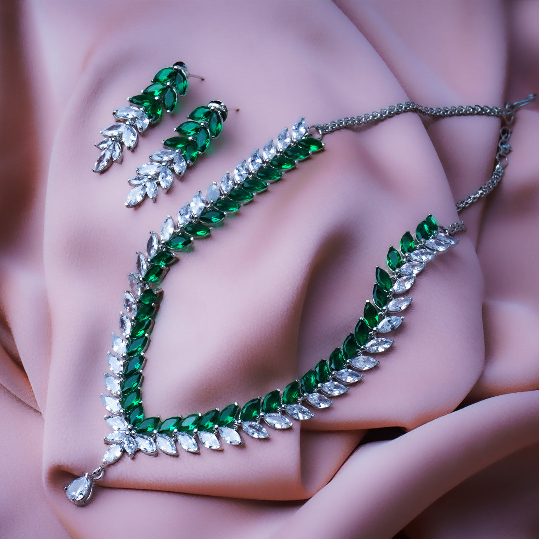 Enchanted Elixir Green American Diamond Necklace Set | Premium Indian Jewellery | Saajo