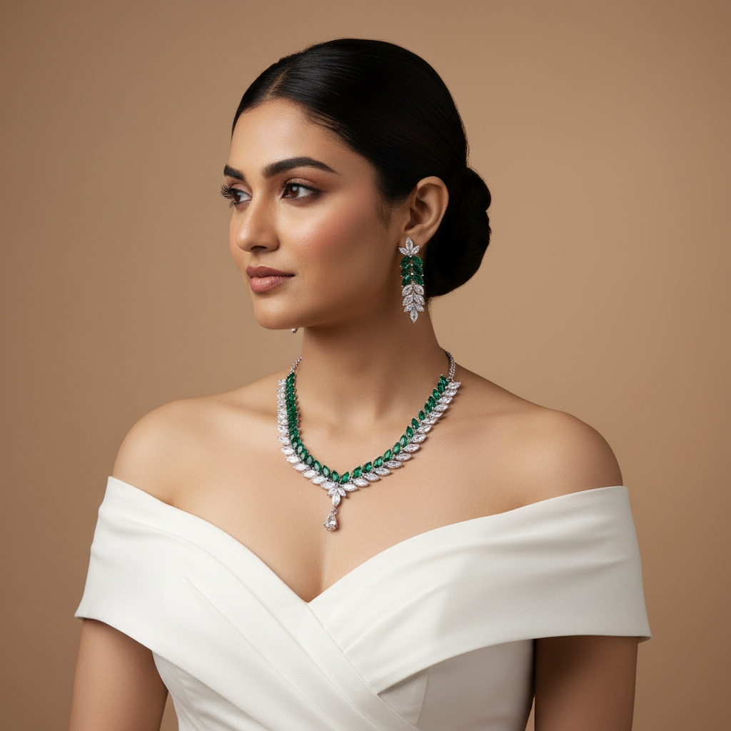 Enchanted Elixir Green American Diamond Necklace Set Close Up | Indian Jewellery | Saajo