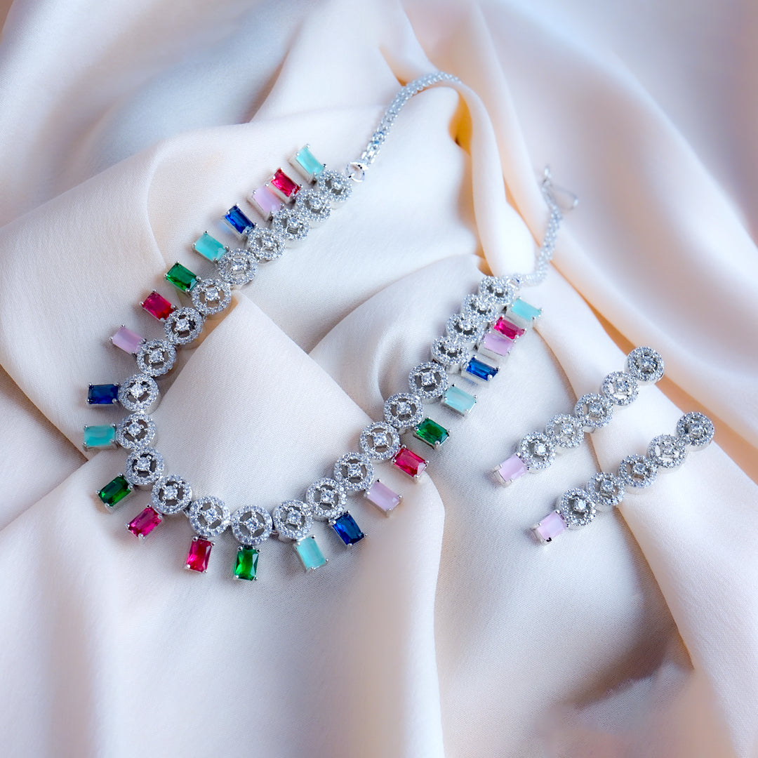 Chromatic Celebration Multicolor American Diamond Necklace Set Styled Look | Indian Jewellery | Saajo