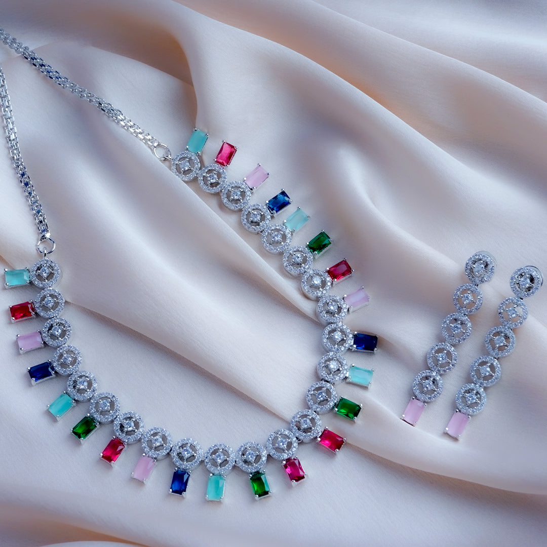 Chromatic Celebration Multicolor American Diamond Necklace Set Detail Shot | Traditional Jewellery | Saajo
