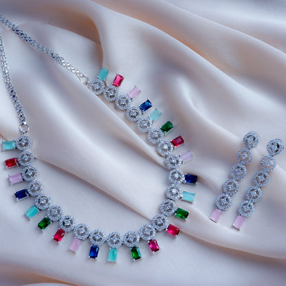 Chromatic Celebration Multicolor American Diamond Necklace Set Detail Shot | Traditional Jewellery | Saajo