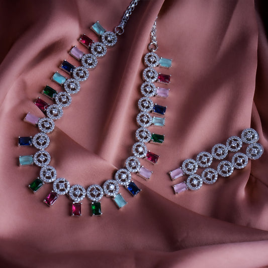Chromatic Celebration Multicolor American Diamond Necklace Set | Premium Indian Jewellery | Saajo