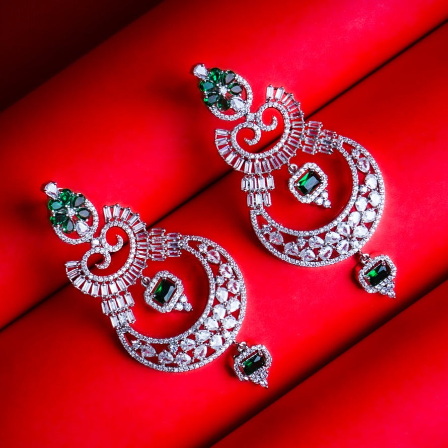 Divine Intuition Green & White CZ Ethnic Earrings | Premium Indian Jewellery | Saajo
