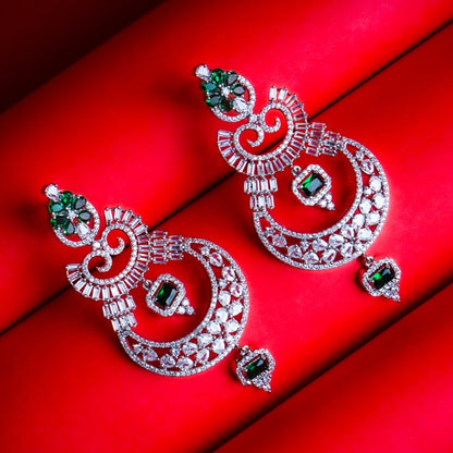 Divine Intuition Green & White CZ Ethnic Earrings | Premium Indian Jewellery | Saajo