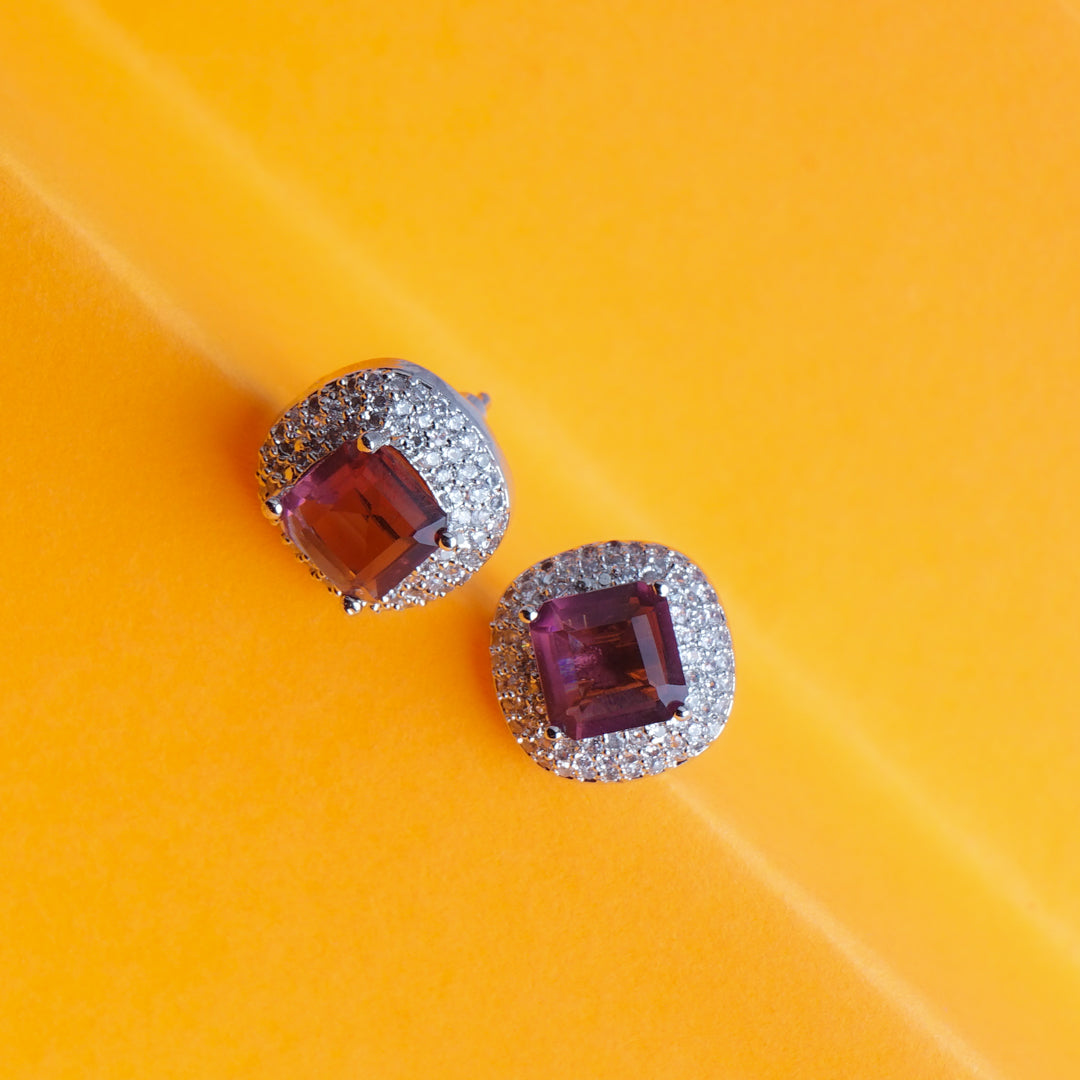 Chic Essentials Purple Pink CZ Stud Earrings Detail Shot | Traditional Jewellery | Saajo
