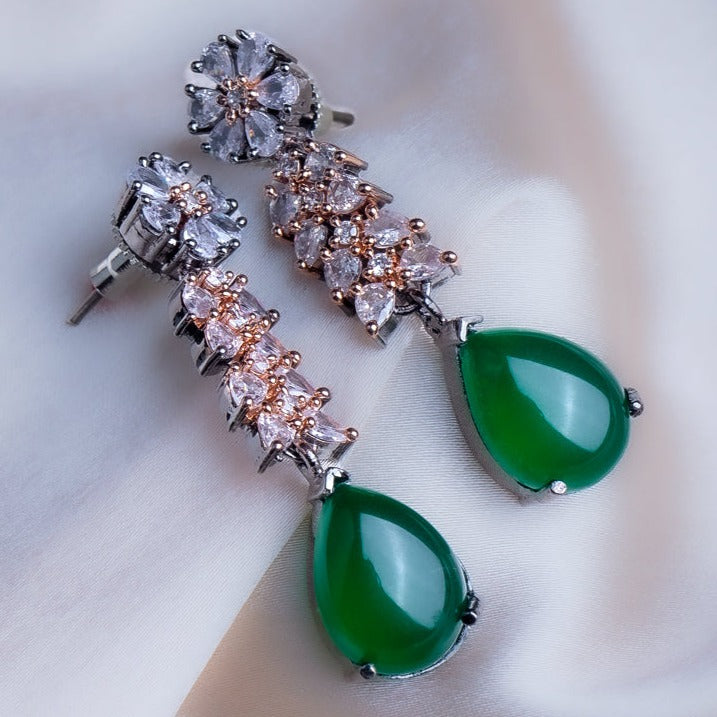 Majestic Caravan Green CZ Dangler Earrings Close Up | Indian Jewellery | Saajo