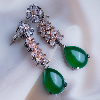 Majestic Caravan Green CZ Dangler Earrings Close Up | Indian Jewellery | Saajo