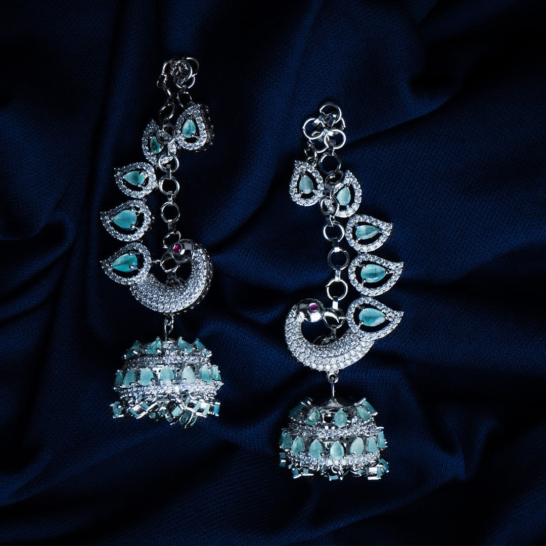 Seabreeze Sparkle Aqua Blue CZ Peacock Jhumka Earrings | Premium Indian Jewellery | Saajo