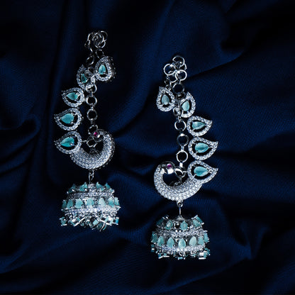 Seabreeze Sparkle Aqua Blue CZ Peacock Jhumka Earrings | Premium Indian Jewellery | Saajo